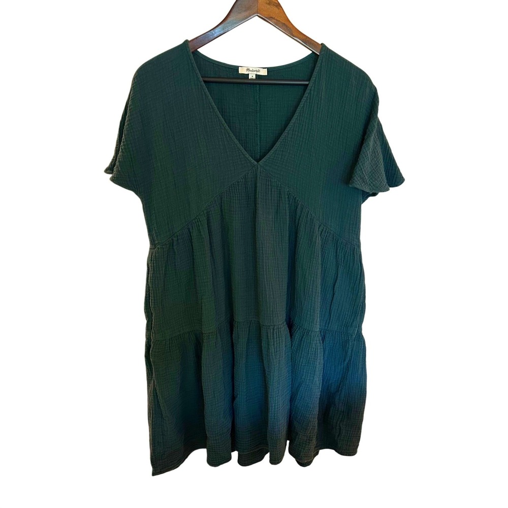 Madewell Forest Green Double Gauze Tiered Mini Dress NF935 Womens Med Babydoll